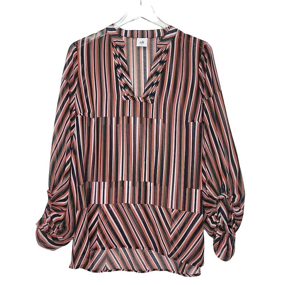Cabi Sheer Blouse Small Tunic Balloon‎ Sleeve Multicolor Striped V-Neck 5519S